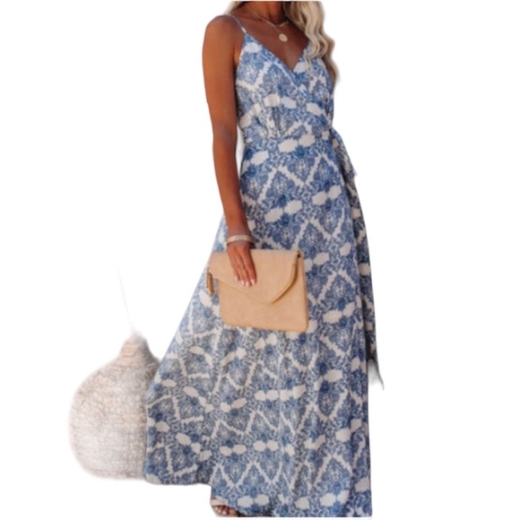 AAKAA Vienna Printed Wrap Maxi Long SunDress Spaghetti Straps V-Neck Blue Ivory - Picture 1 of 17